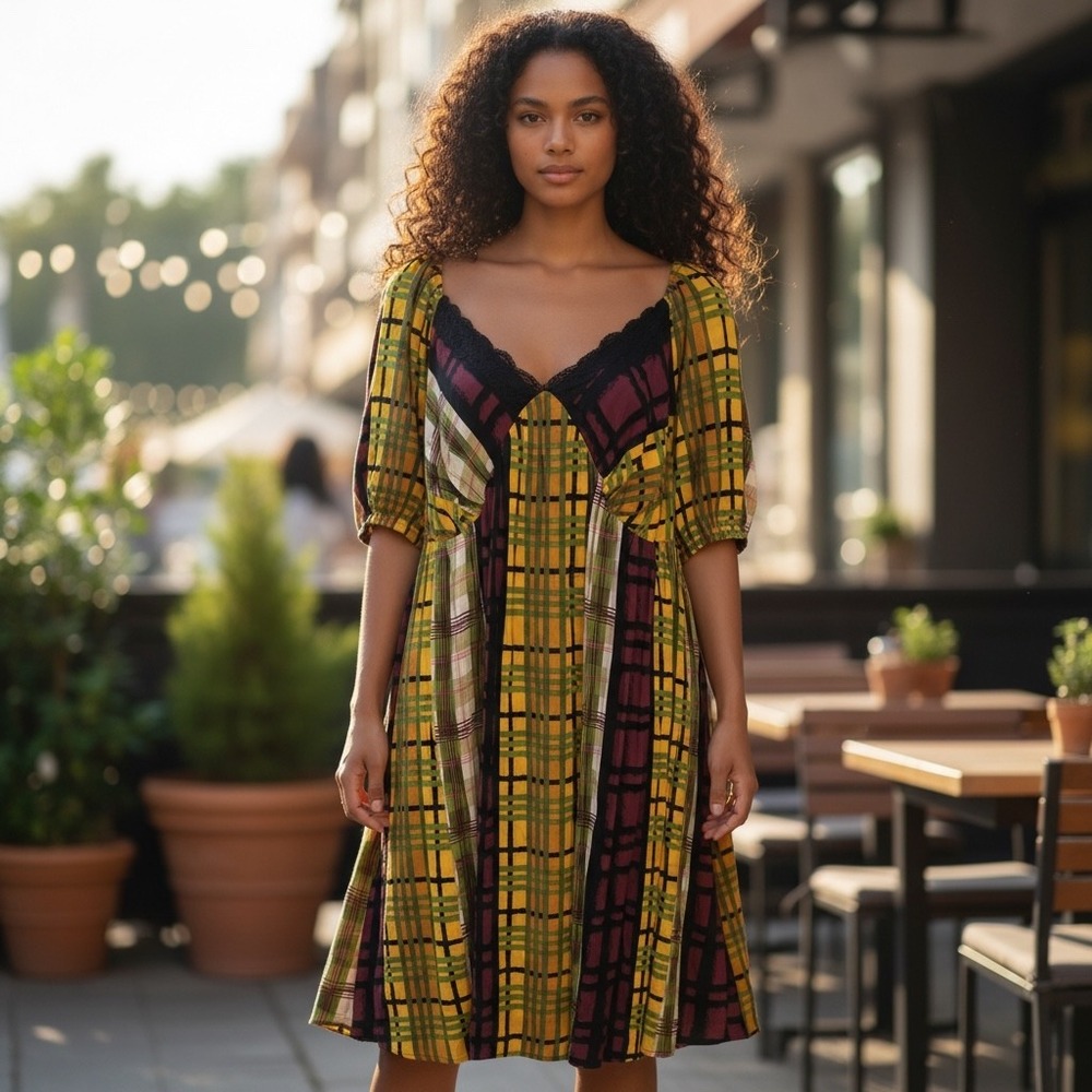 Forever 21 Plus Patchwork Plaid Lace Trim V-Neck Mini Dress Yellow Multi 1X NEW